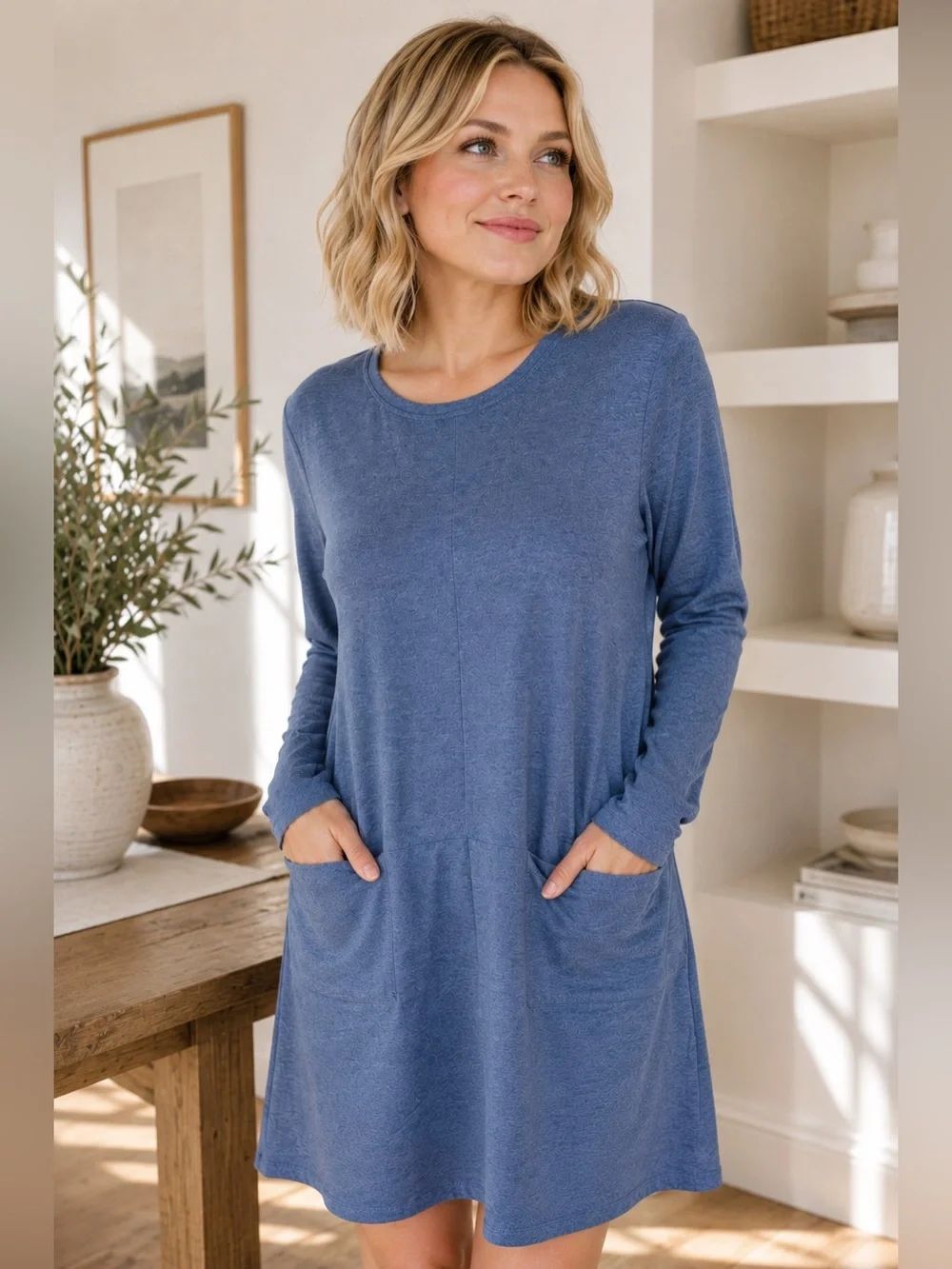 Coldwater Creek Denim Blue Cotton Modal Long-Sleeve Pocketed Mini Dress S Petite